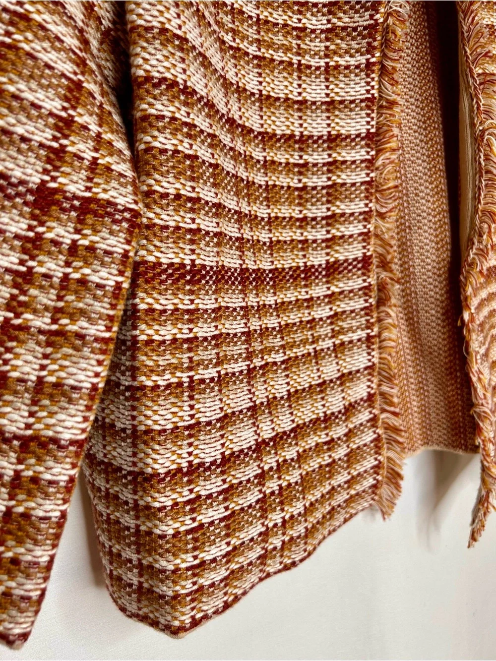 Weekend MaxMara Tweed Open Front Blazer Fringe Trim Flax Linen Plaid Size Large